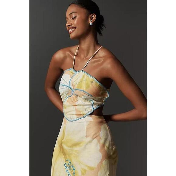 Farm Rio Floral Linen Blend Halter Neck Midi Dress Size L Yellow Ivory - Picture 3 of 3